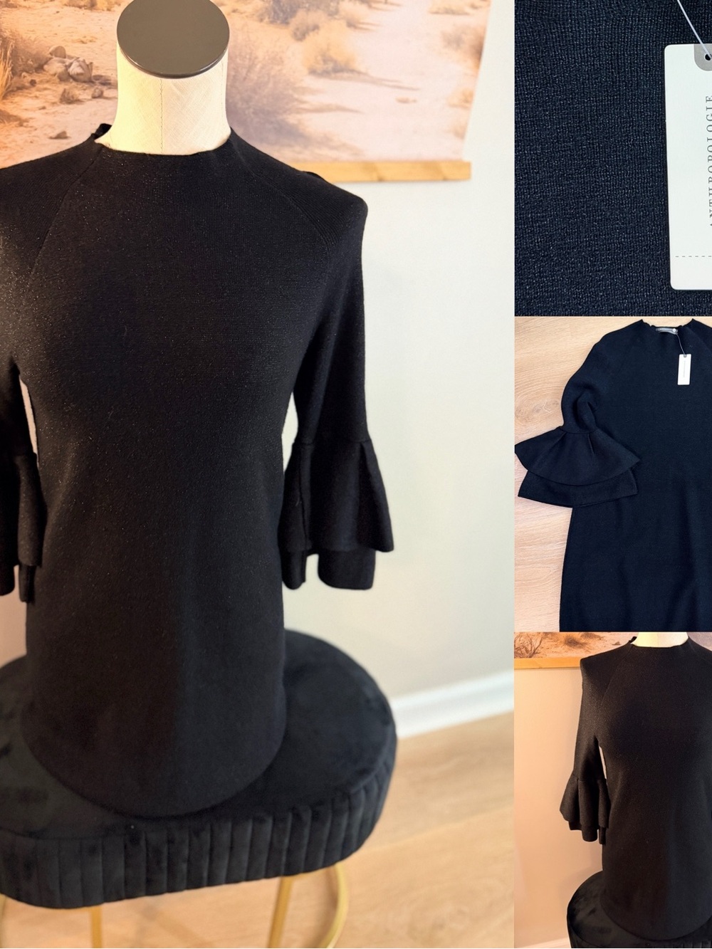 Anthropologie Black Ruffle-Sleeve Crewneck Sweater dress